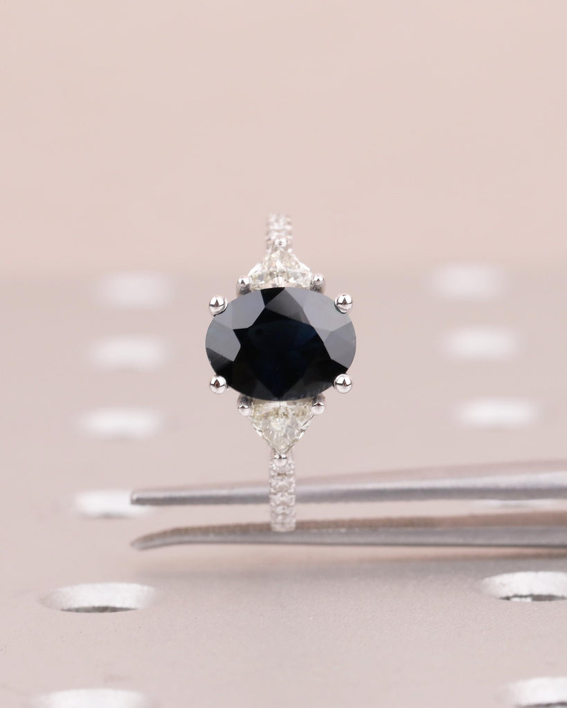 Oval Teal Sapphire Ring, 18k White Gold Engagement Ring, Round and Trillion Cut Diamonds image #9