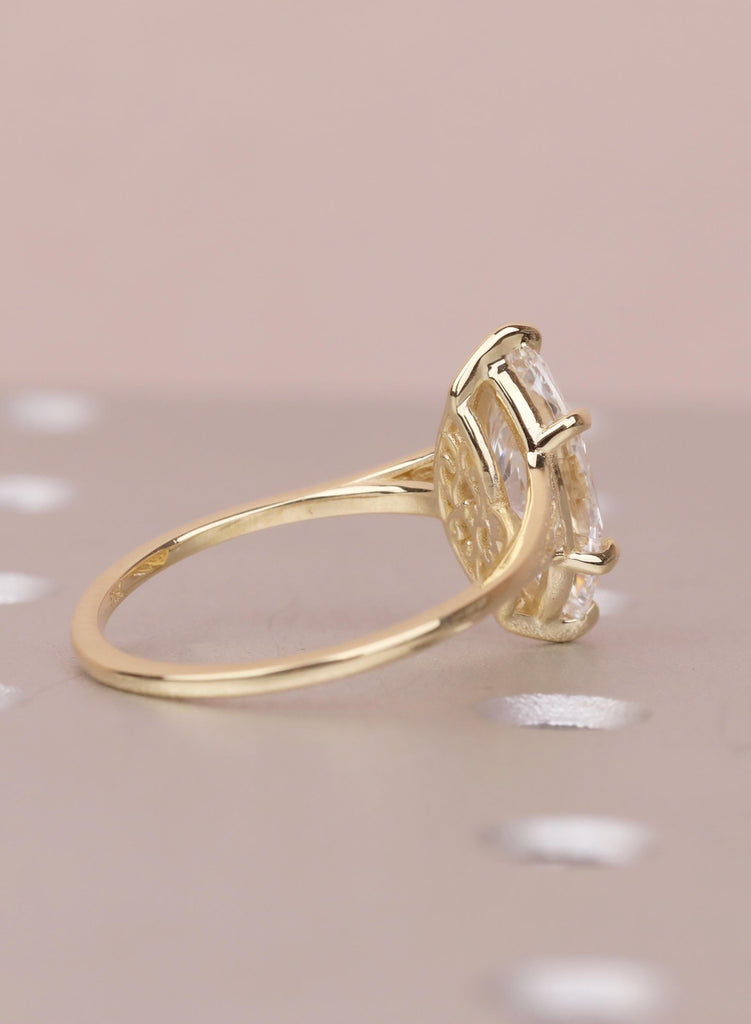 Vintage Victorian Filigree Moissanite Ring, 14K Solid Gold Solitaire Marquise Cut Moissanite Engagement Ring, Gold Heirloom Proposal Ring image #4