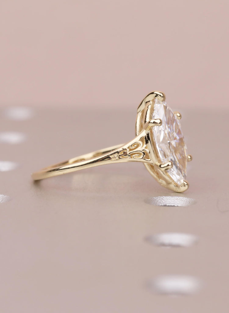 Vintage Victorian Filigree Moissanite Ring, 14K Solid Gold Solitaire Marquise Cut Moissanite Engagement Ring, Gold Heirloom Proposal Ring image #3