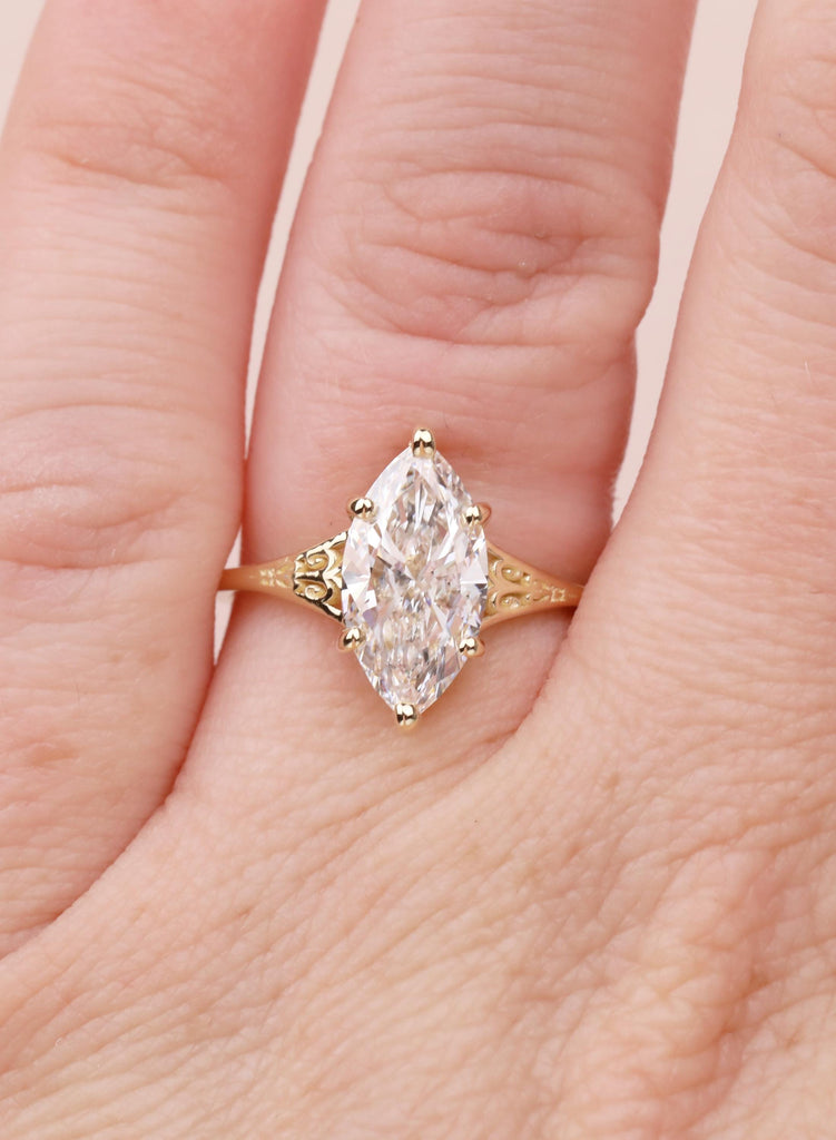 Vintage Victorian Filigree Moissanite Ring, 14K Solid Gold Solitaire Marquise Cut Moissanite Engagement Ring, Gold Heirloom Proposal Ring image #7