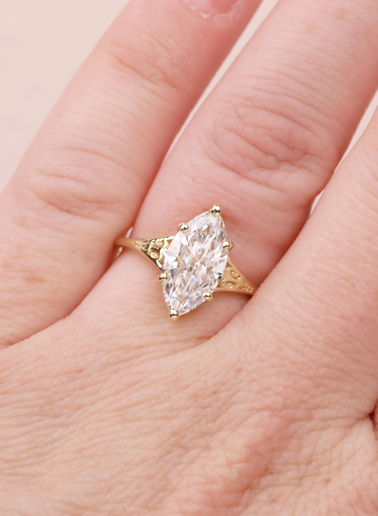 Vintage Victorian Filigree Moissanite Ring, 14K Solid Gold Solitaire Marquise Cut Moissanite Engagement Ring, Gold Heirloom Proposal Ring image #9