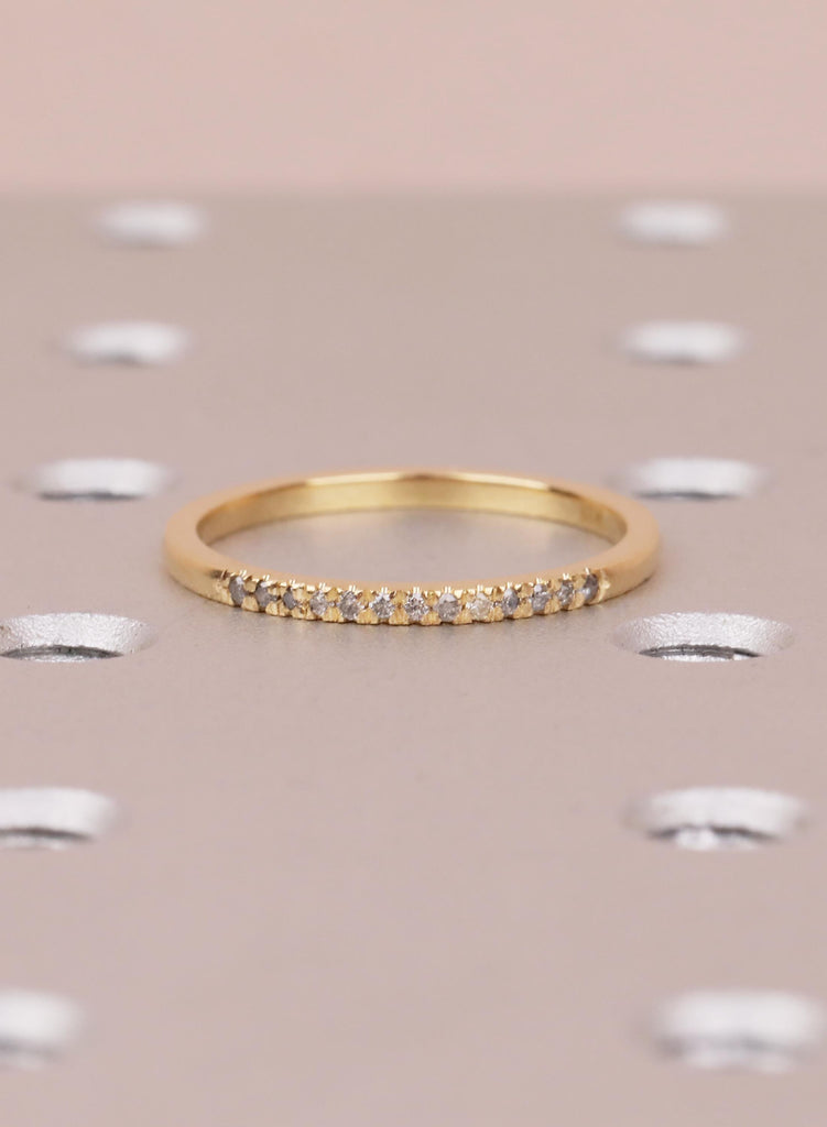 Dainty 18K Gold Salt and Pepper Wedding Ring, Unique Matching Band for Her, Half Eternity Stacking Ring, Round Galaxy Diamond Bridal Jewelry image #11