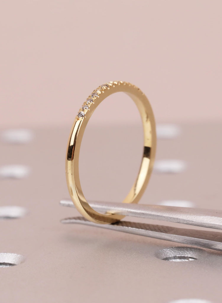 Dainty 18K Gold Salt and Pepper Wedding Ring, Unique Matching Band for Her, Half Eternity Stacking Ring, Round Galaxy Diamond Bridal Jewelry image #12