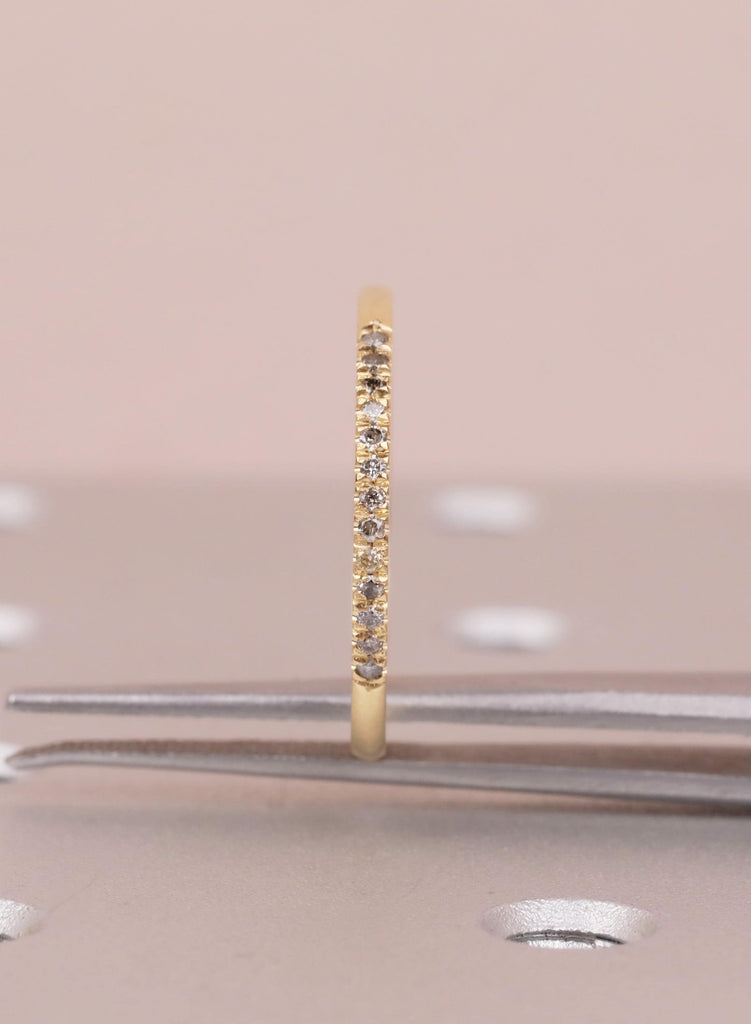 Dainty 18K Gold Salt and Pepper Wedding Ring, Unique Matching Band for Her, Half Eternity Stacking Ring, Round Galaxy Diamond Bridal Jewelry image #8