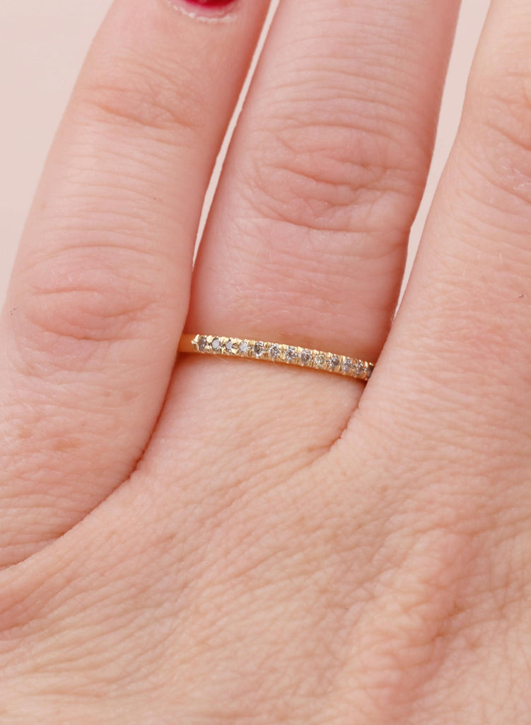Dainty 18K Gold Salt and Pepper Wedding Ring, Unique Matching Band for Her, Half Eternity Stacking Ring, Round Galaxy Diamond Bridal Jewelry image #4