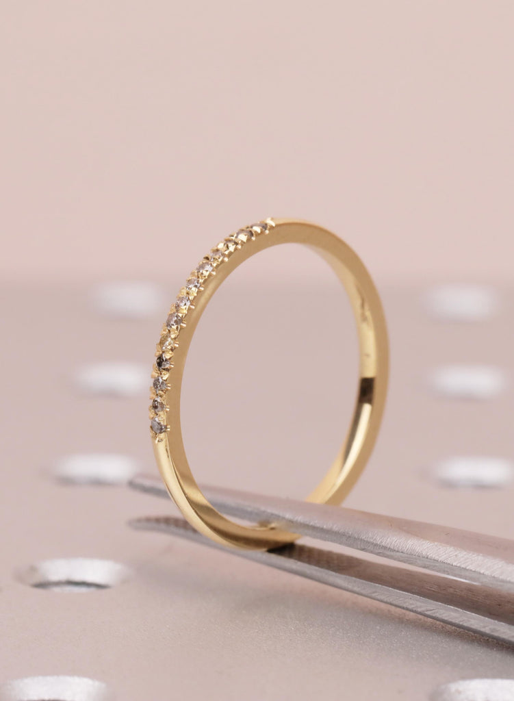 Dainty 18K Gold Salt and Pepper Wedding Ring, Unique Matching Band for Her, Half Eternity Stacking Ring, Round Galaxy Diamond Bridal Jewelry image #2