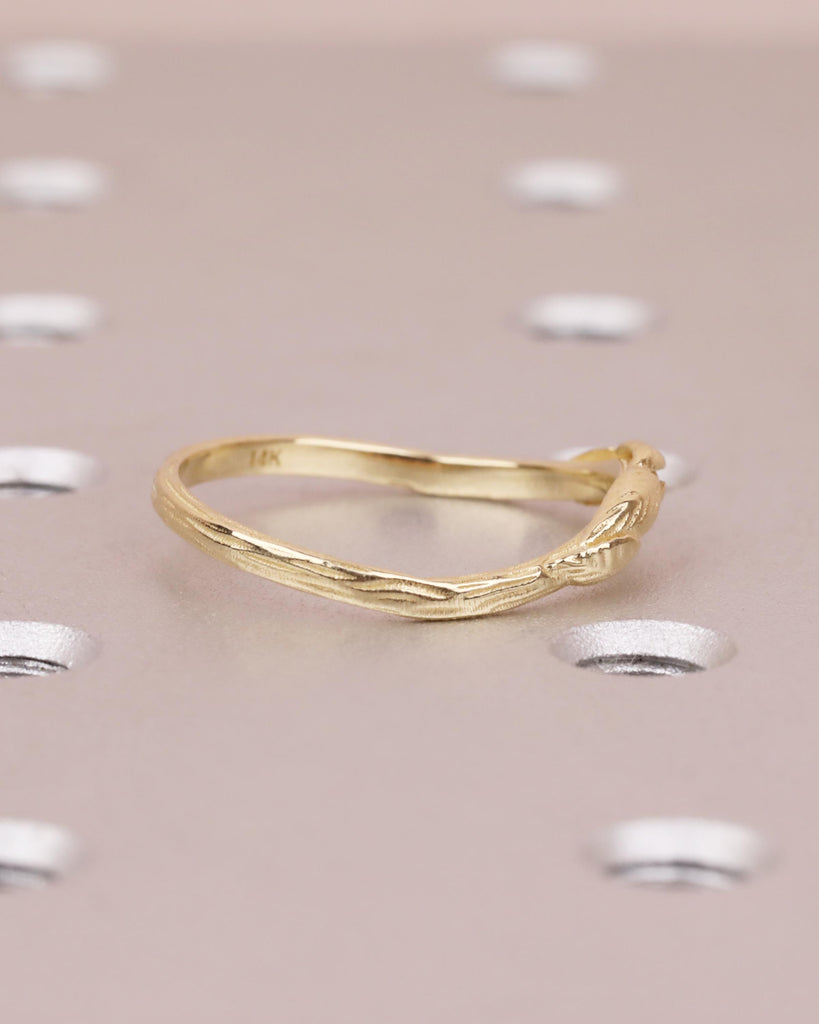 Solid Gold Nature Inspired Leaf Wedding Band, Handmade Engraved Curved Matching Ring, Vintage Gold Leaf Branch Ring, Women's Wedding Ring image #3