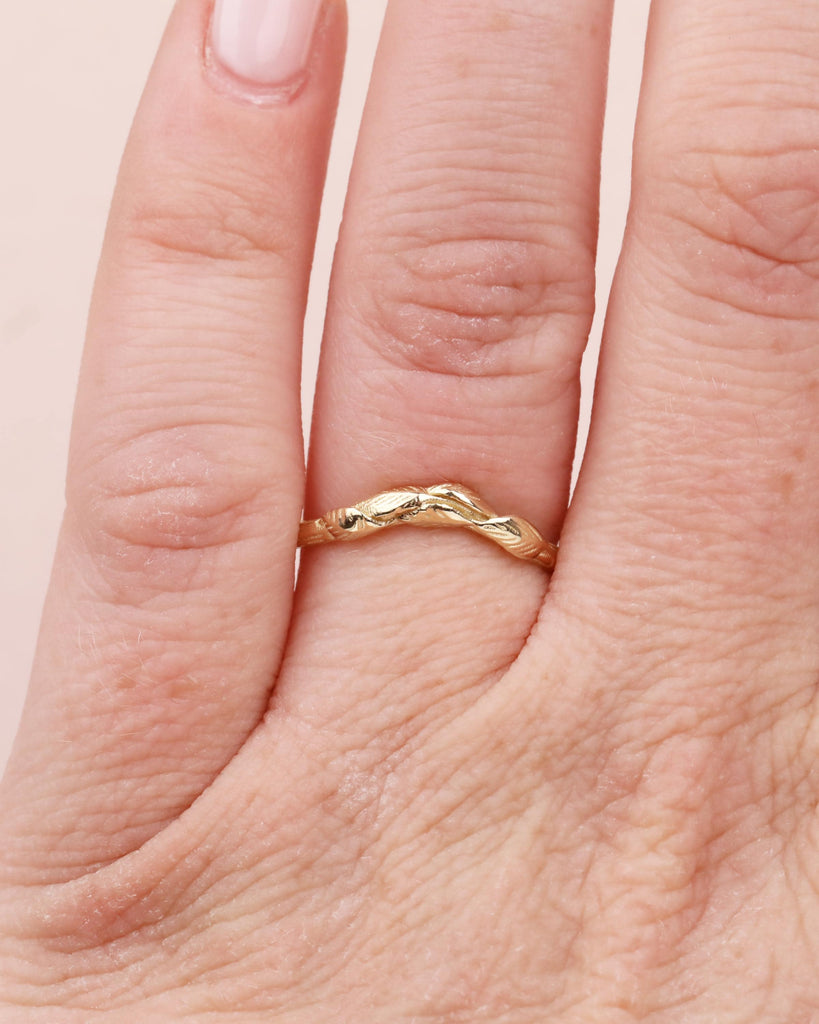 Solid Gold Nature Inspired Leaf Wedding Band, Handmade Engraved Curved Matching Ring, Vintage Gold Leaf Branch Ring, Women's Wedding Ring image #10