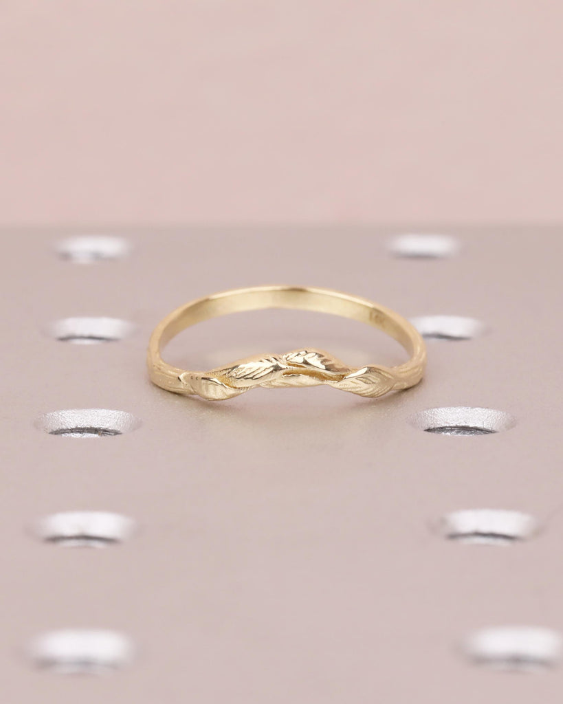 Nature Inspired Leaf Wedding Band | Curved Leaf Ring, Twig Engraved Stacking Band | Platinum or Solid Gold Matching Ring image #3
