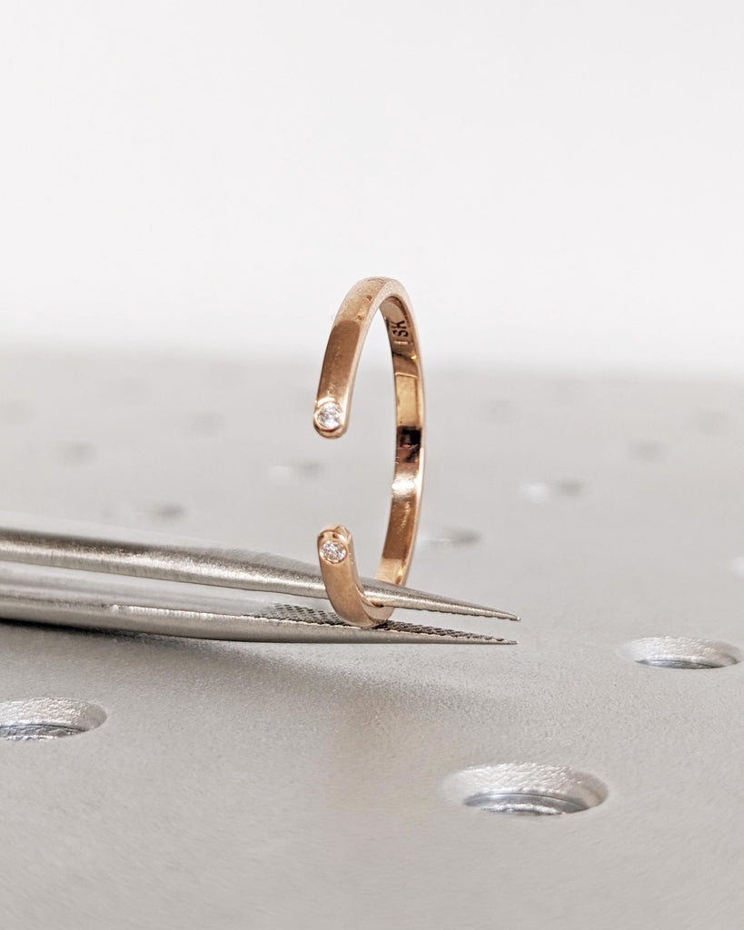 Double Diamond Wedding Band - Open Diamond Ring - Minimalist Stacking Ring - 14K Solid Yellow White Rose Gold - Simple Everyday Wedding Ring