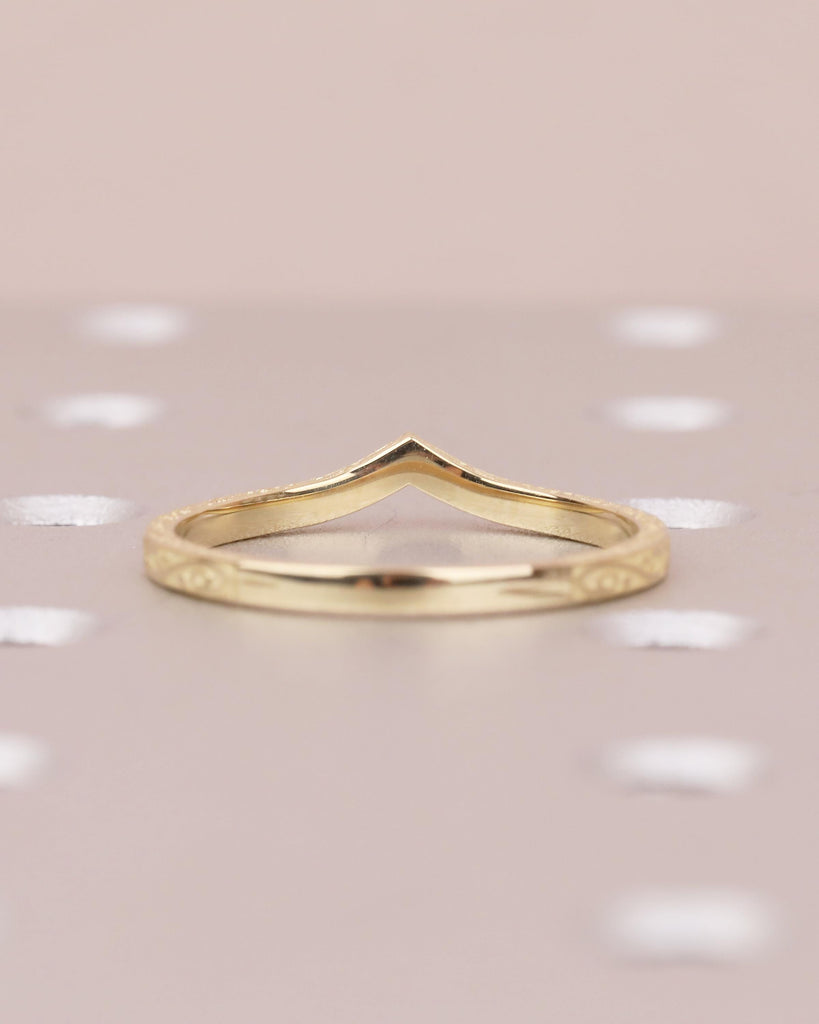 Diamond Wedding Band Women, Dainty 14k Yellow Gold Wedding Band, Unique Chevron Ring, Matching Rings for Her, Hand Engraved Wedding Band image #6