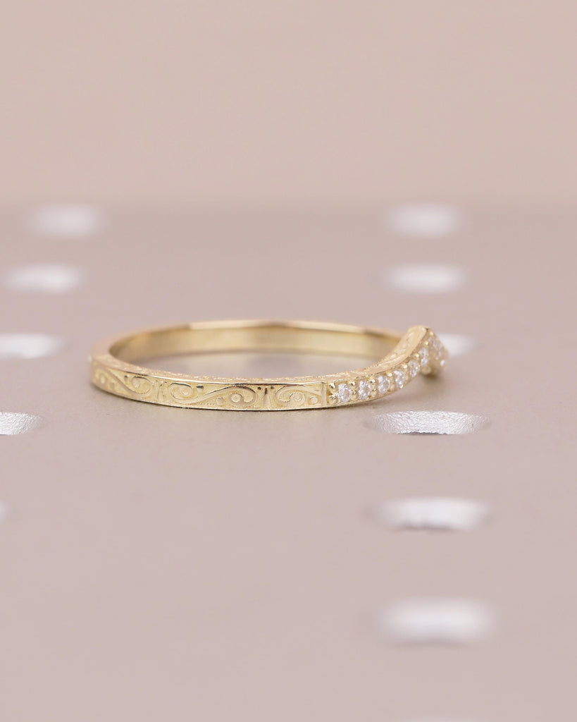 Diamond Wedding Band Women, Dainty 14k Yellow Gold Wedding Band, Unique Chevron Ring, Matching Rings for Her, Hand Engraved Wedding Band image #11