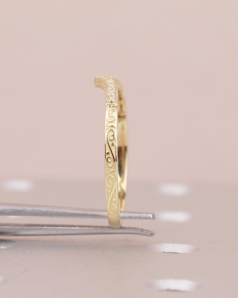 Diamond Wedding Band Women, Dainty 14k Yellow Gold Wedding Band, Unique Chevron Ring, Matching Rings for Her, Hand Engraved Wedding Band image #8