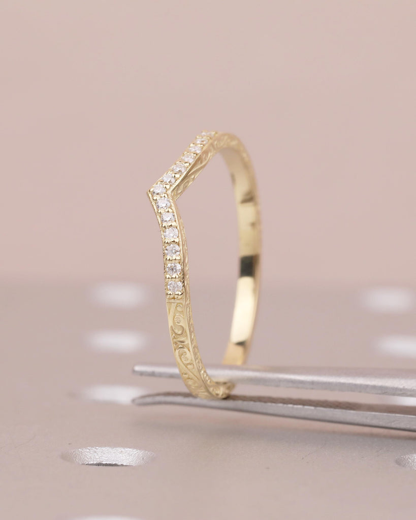 Diamond Wedding Band Women, Dainty 14k Yellow Gold Wedding Band, Unique Chevron Ring, Matching Rings for Her, Hand Engraved Wedding Band image #12
