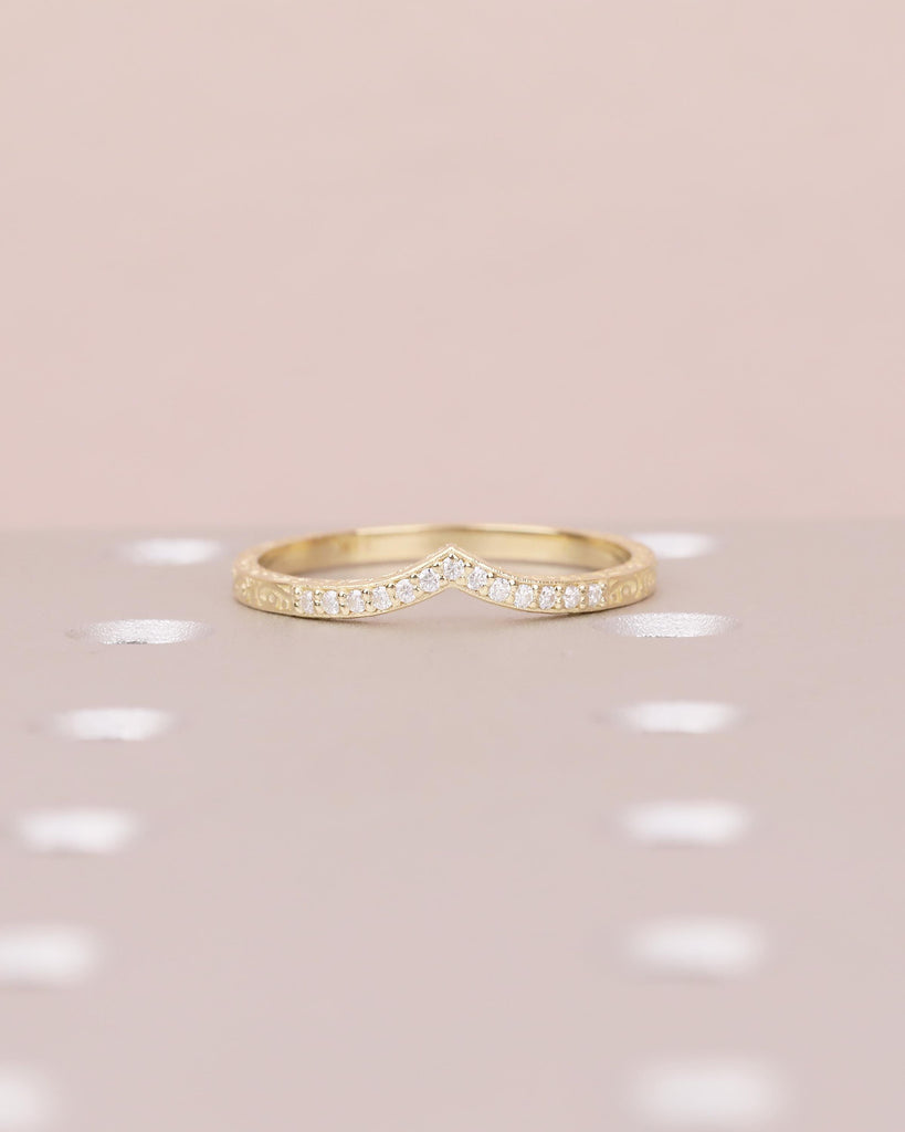 Diamond Wedding Band Women, Dainty 14k Yellow Gold Wedding Band, Unique Chevron Ring, Matching Rings for Her, Hand Engraved Wedding Band image #17