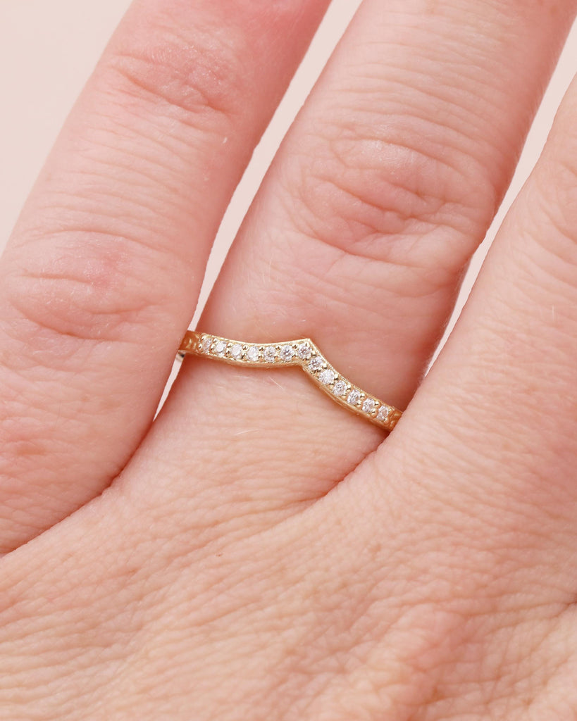Diamond Wedding Band Women, Dainty 14k Yellow Gold Wedding Band, Unique Chevron Ring, Matching Rings for Her, Hand Engraved Wedding Band image #14
