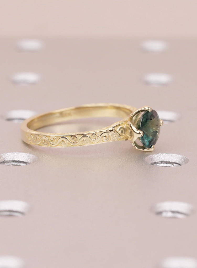 Vintage Teal Sapphire Engagement Ring, Filigree 14K Yellow Gold Solitaire, September Birthstone Wedding Ring, Fine Jewelry, Anniversary Ring image #3