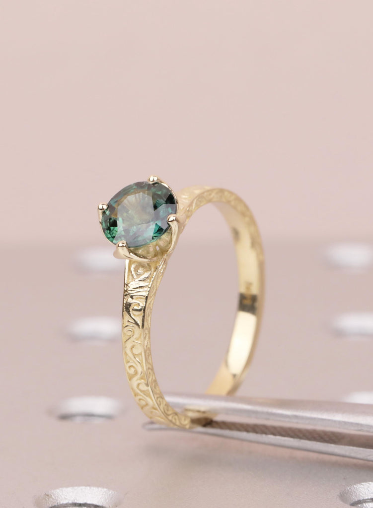 Vintage Teal Sapphire Engagement Ring, Filigree 14K Yellow Gold Solitaire, September Birthstone Wedding Ring, Fine Jewelry, Anniversary Ring image #8