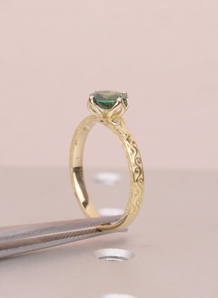 Vintage Teal Sapphire Engagement Ring, Filigree 14K Yellow Gold Solitaire, September Birthstone Wedding Ring, Fine Jewelry, Anniversary Ring image #10