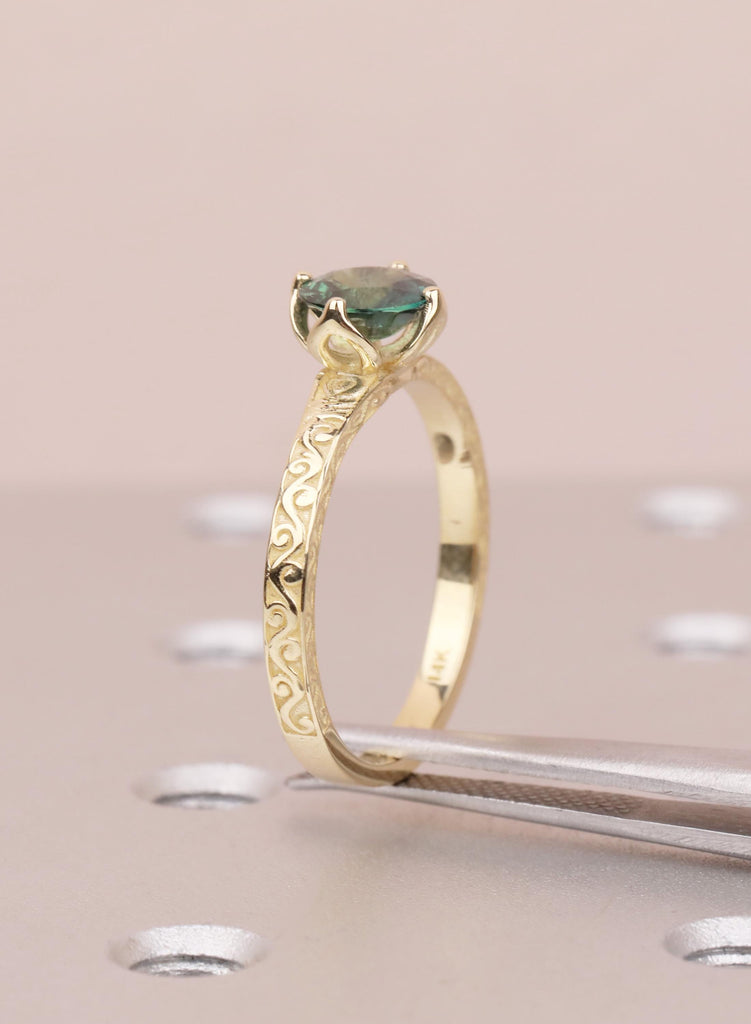Vintage Teal Sapphire Engagement Ring, Filigree 14K Yellow Gold Solitaire, September Birthstone Wedding Ring, Fine Jewelry, Anniversary Ring image #11
