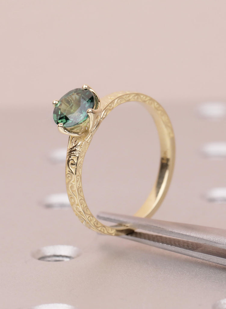 Vintage Teal Sapphire Engagement Ring, Filigree 14K Yellow Gold Solitaire, September Birthstone Wedding Ring, Fine Jewelry, Anniversary Ring image #2