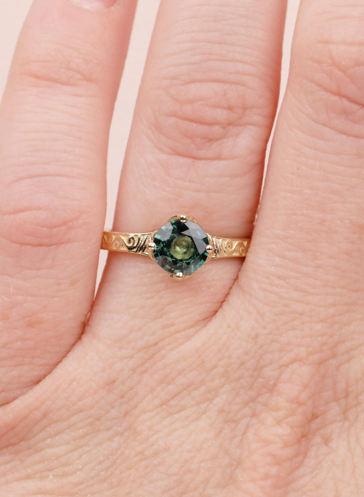 Vintage Teal Sapphire Engagement Ring, Filigree 14K Yellow Gold Solitaire, September Birthstone Wedding Ring, Fine Jewelry, Anniversary Ring image #12
