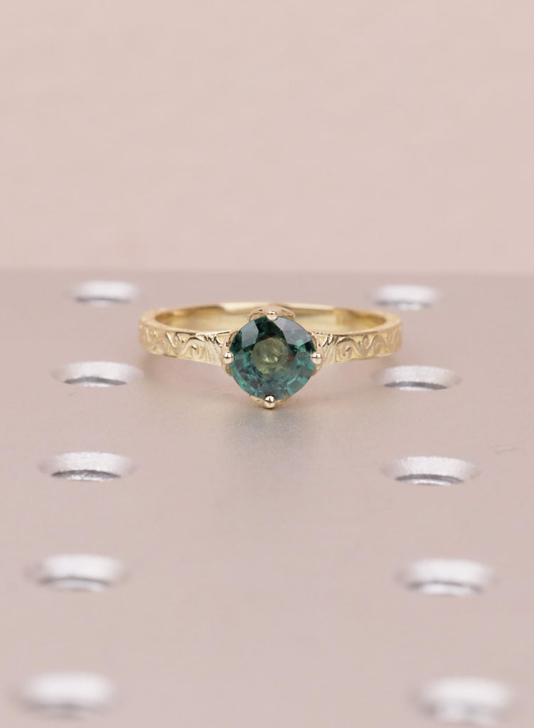 Vintage Teal Sapphire Engagement Ring, Filigree 14K Yellow Gold Solitaire, September Birthstone Wedding Ring, Fine Jewelry, Anniversary Ring