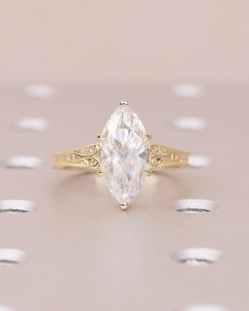 Marquise Moissanite Engagement Ring, Art Deco 14k Gold Promise Ring for Her, Milgrain Statement Rings, Filigree Band, Antique Bridal Jewelry image #8