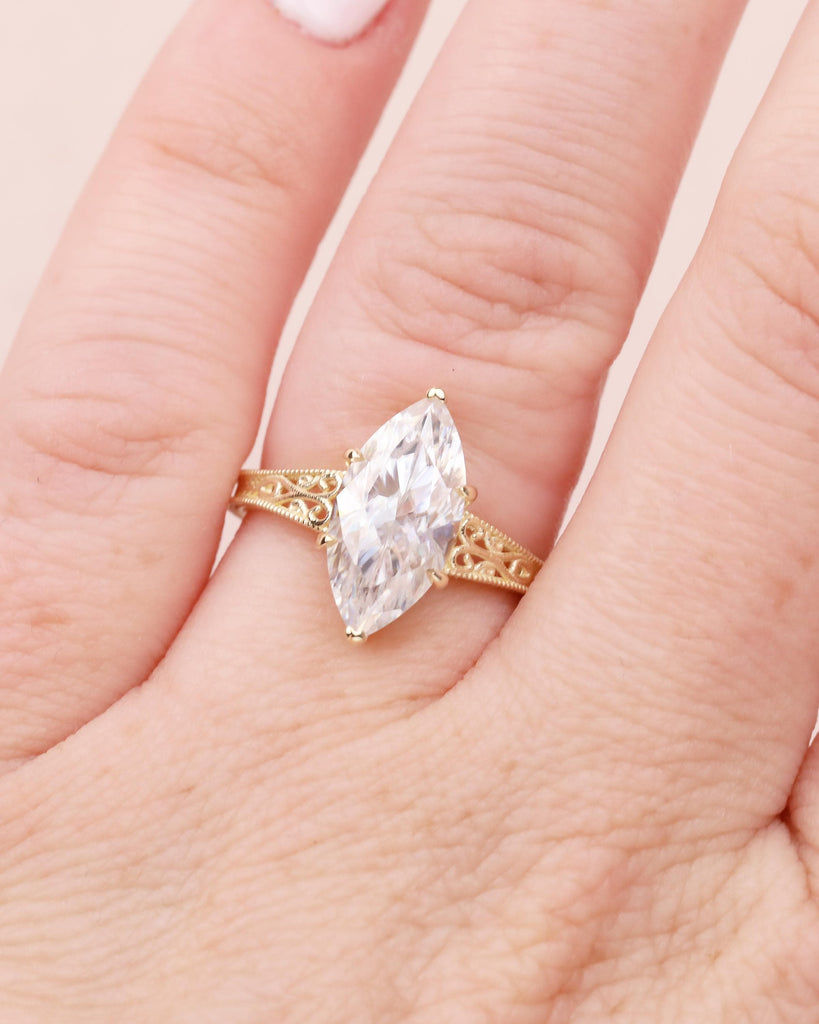 Marquise Moissanite Engagement Ring, Art Deco 14k Gold Promise Ring for Her, Milgrain Statement Rings, Filigree Band, Antique Bridal Jewelry image #10