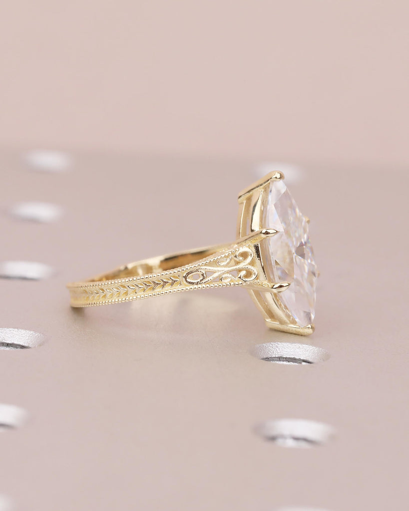 Marquise Moissanite Engagement Ring, Art Deco 14k Gold Promise Ring for Her, Milgrain Statement Rings, Filigree Band, Antique Bridal Jewelry image #4