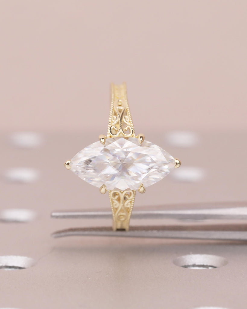 Marquise Moissanite Engagement Ring, Art Deco 14k Gold Promise Ring for Her, Milgrain Statement Rings, Filigree Band, Antique Bridal Jewelry image #3