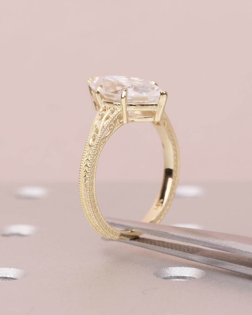 Marquise Moissanite Engagement Ring, Art Deco 14k Gold Promise Ring for Her, Milgrain Statement Rings, Filigree Band, Antique Bridal Jewelry image #11