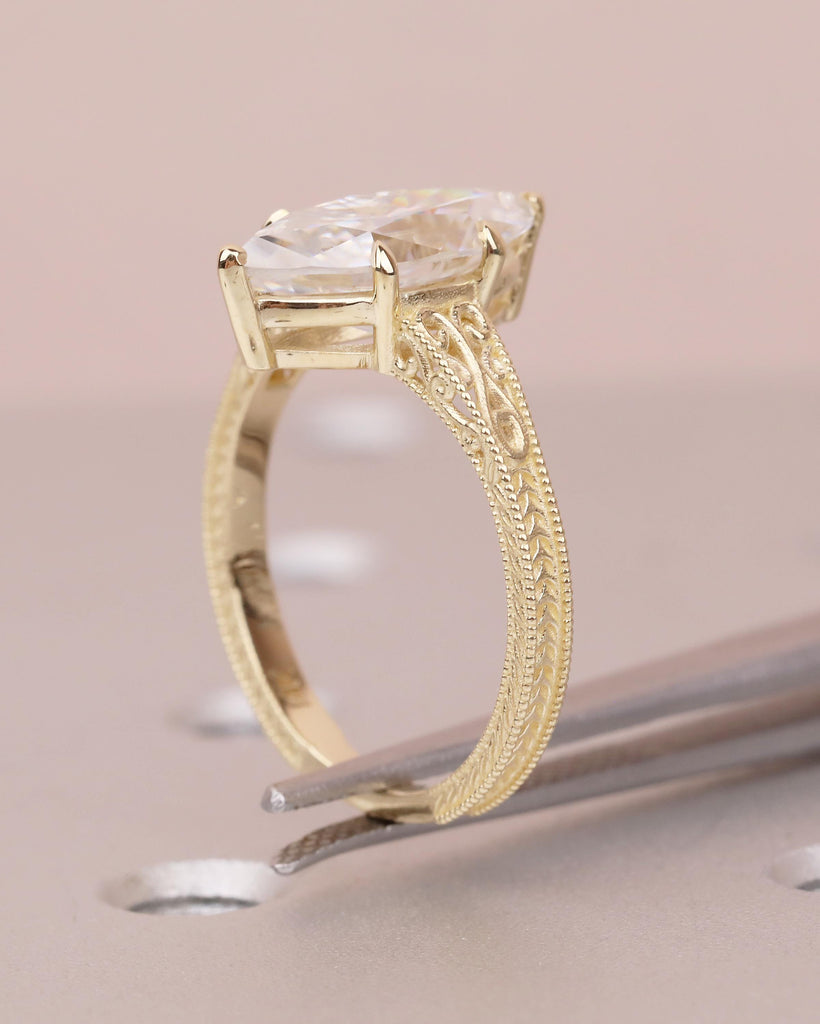 Marquise Engagement Ring, Vintage Style 14k Solid Gold Solitaire Moissanite Rings for Women image #5