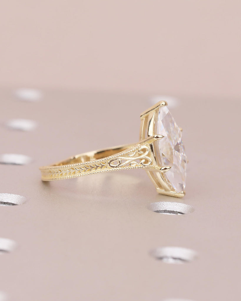 Marquise Lab Grown Diamond Engagement Ring, Vintage Heirloom Ring, Victorian Filigree Band, Milgrain 14k Yellow Gold Wedding Rings for Women image #4