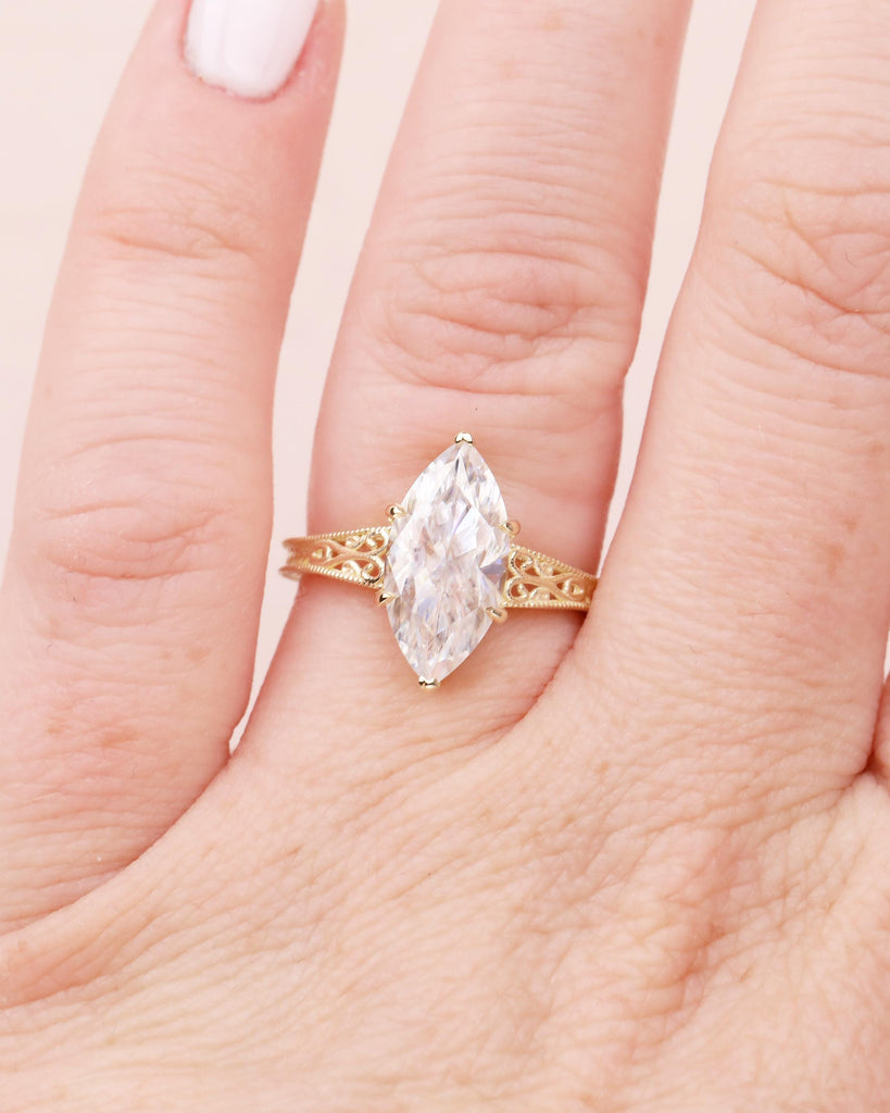 Marquise Lab Grown Diamond Engagement Ring, Vintage Heirloom Ring, Victorian Filigree Band, Milgrain 14k Yellow Gold Wedding Rings for Women image #11