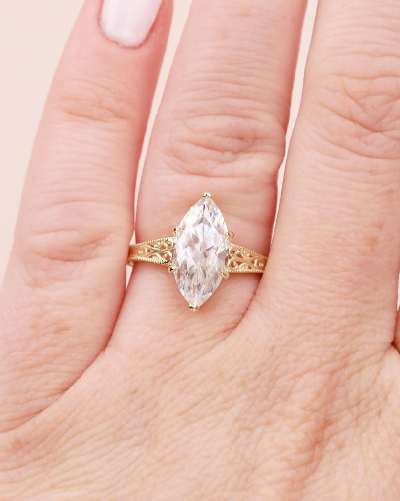 Marquise Lab Grown Diamond Engagement Ring, Vintage Heirloom Ring, Victorian Filigree Band, Milgrain 14k Yellow Gold Wedding Rings for Women image #2