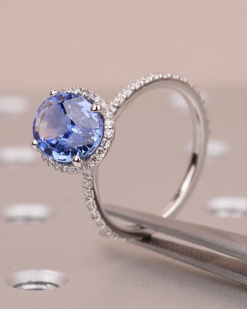 2.5ct Blue Sapphire Engagement Ring, 14k White Gold Diamond Halo Ring, Eternity Ring, Oval Gemstone Rings for Women, September Birthstone image #7