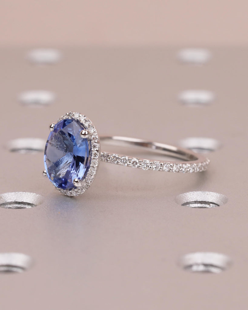 2.5ct Blue Sapphire Engagement Ring, 14k White Gold Diamond Halo Ring, Eternity Ring, Oval Gemstone Rings for Women, September Birthstone image #3