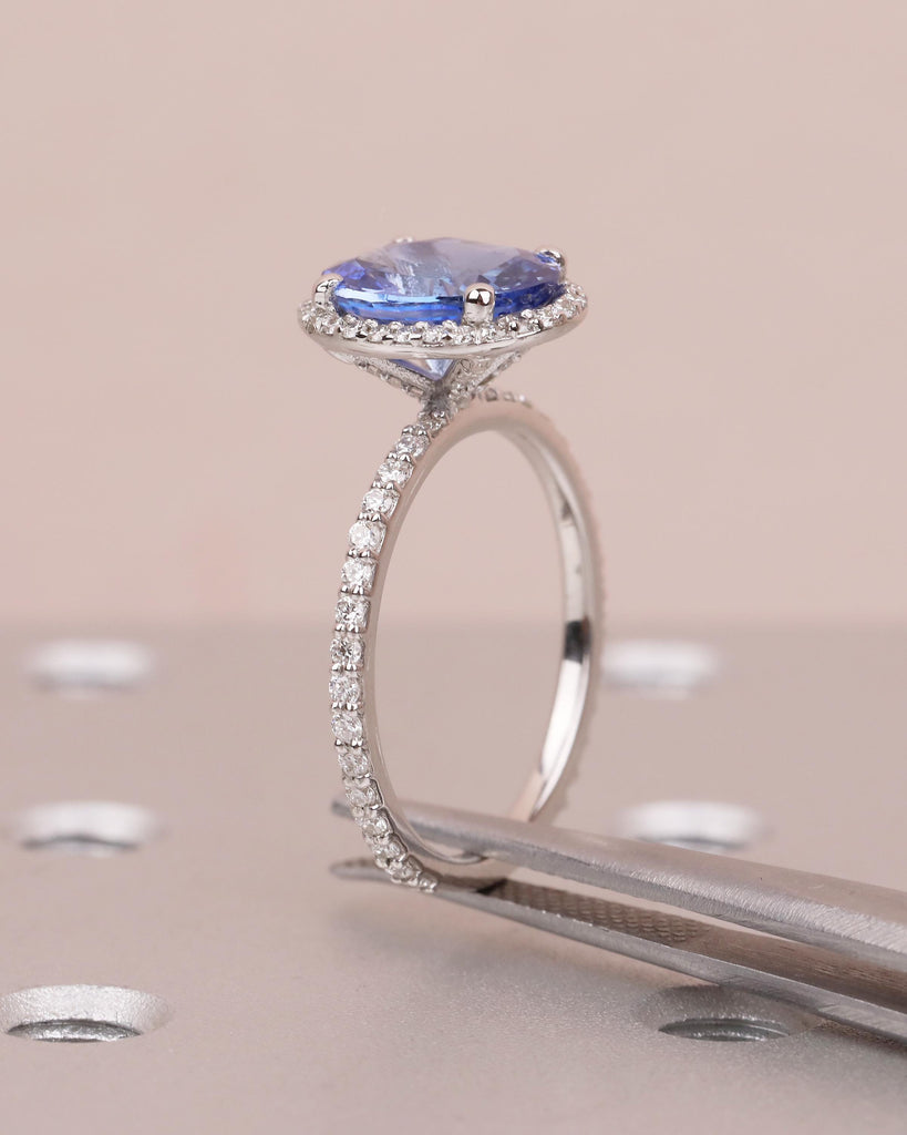 2.5ct Blue Sapphire Engagement Ring, 14k White Gold Diamond Halo Ring, Eternity Ring, Oval Gemstone Rings for Women, September Birthstone image #13