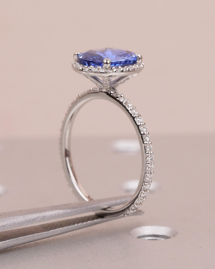 2.5ct Blue Sapphire Engagement Ring, 14k White Gold Diamond Halo Ring, Eternity Ring, Oval Gemstone Rings for Women, September Birthstone image #5