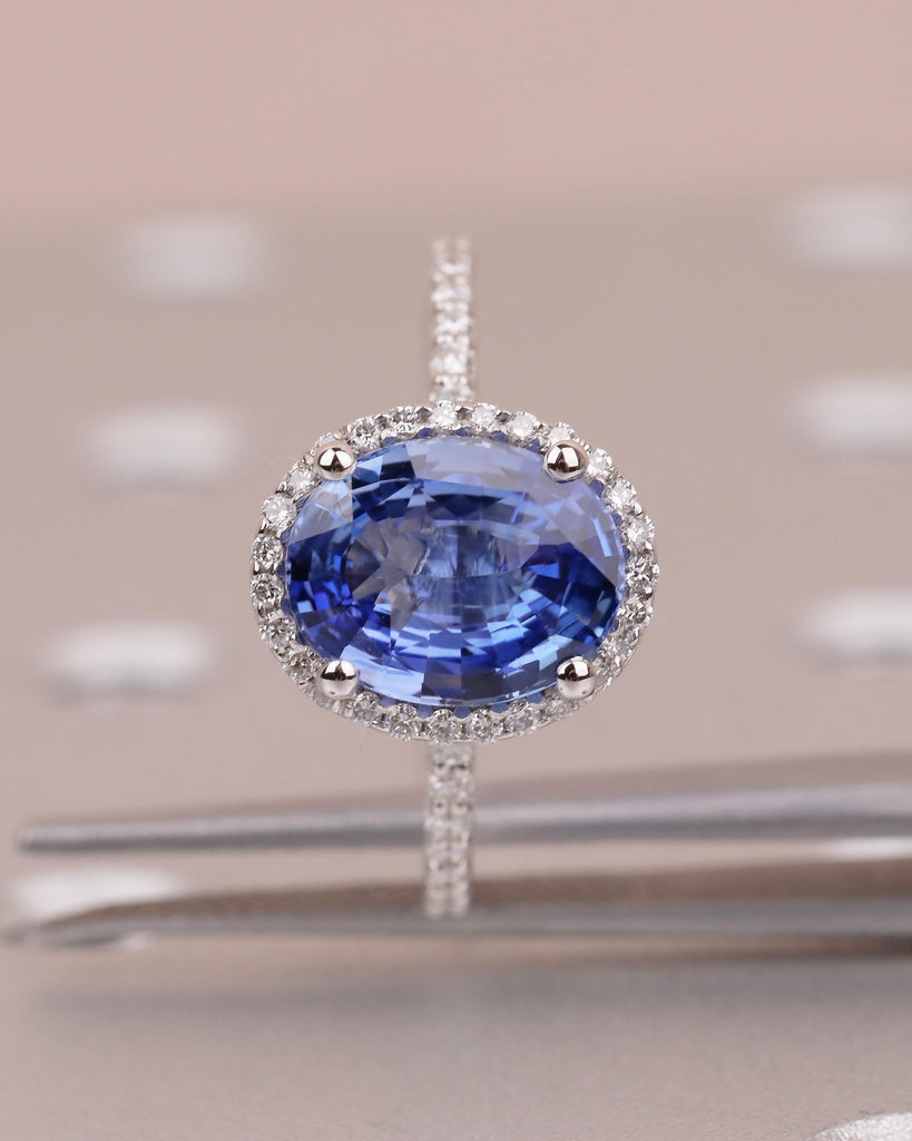 2.5ct Blue Sapphire Engagement Ring, 14k White Gold Diamond Halo Ring, Eternity Ring, Oval Gemstone Rings for Women, September Birthstone image #11