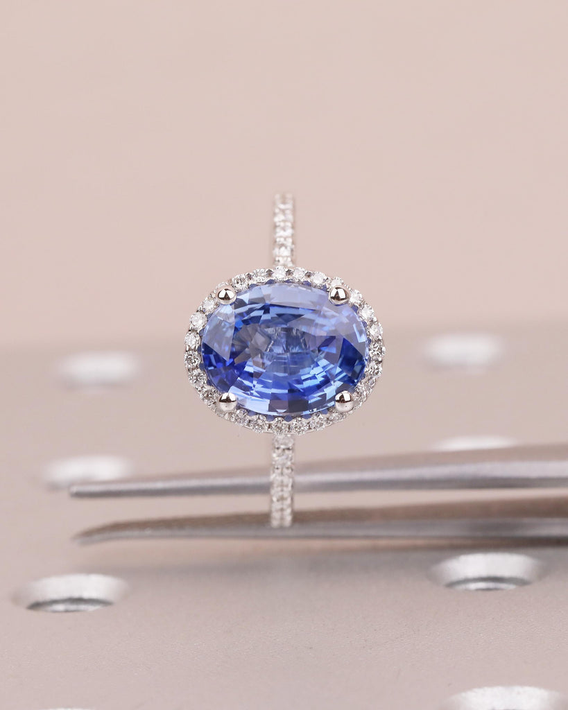 2.5ct Blue Sapphire Engagement Ring, 14k White Gold Diamond Halo Ring, Eternity Ring, Oval Gemstone Rings for Women, September Birthstone image #4