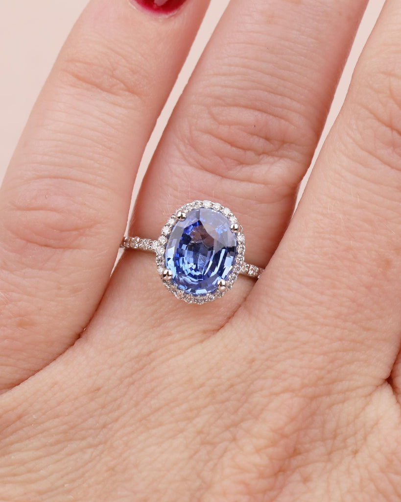 2.5ct Blue Sapphire Engagement Ring, 14k White Gold Diamond Halo Ring, Eternity Ring, Oval Gemstone Rings for Women, September Birthstone image #14