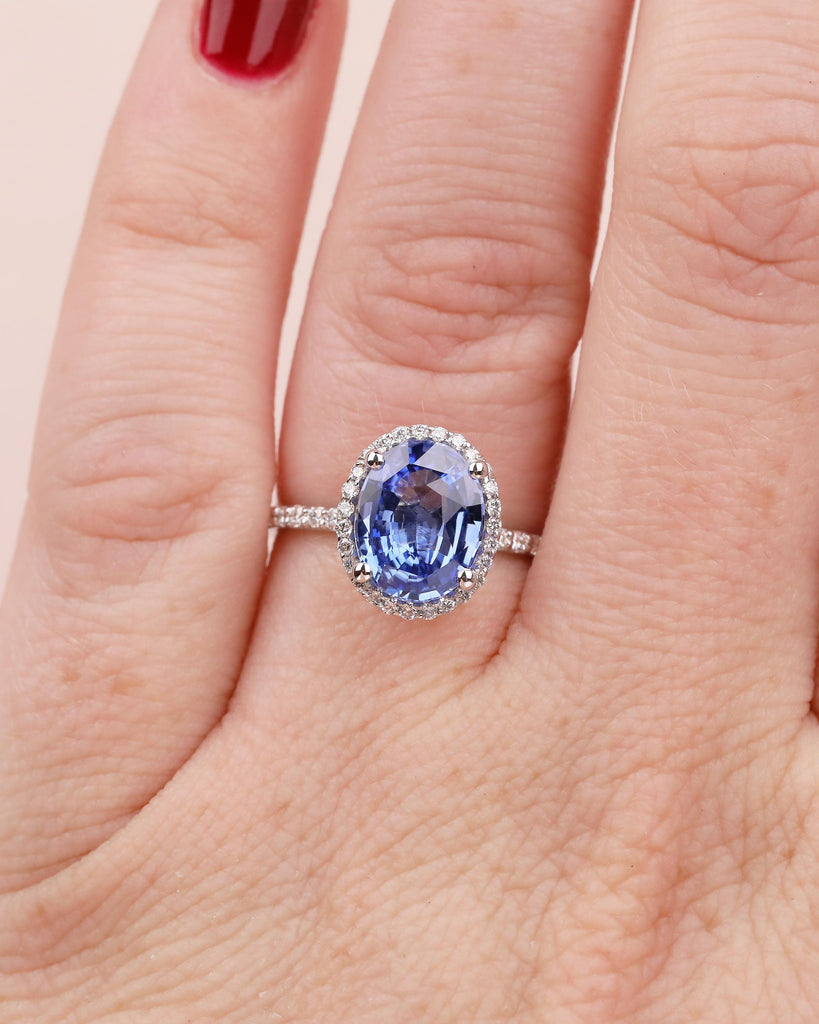2.5ct Blue Sapphire Engagement Ring, 14k White Gold Diamond Halo Ring, Eternity Ring, Oval Gemstone Rings for Women, September Birthstone image #8