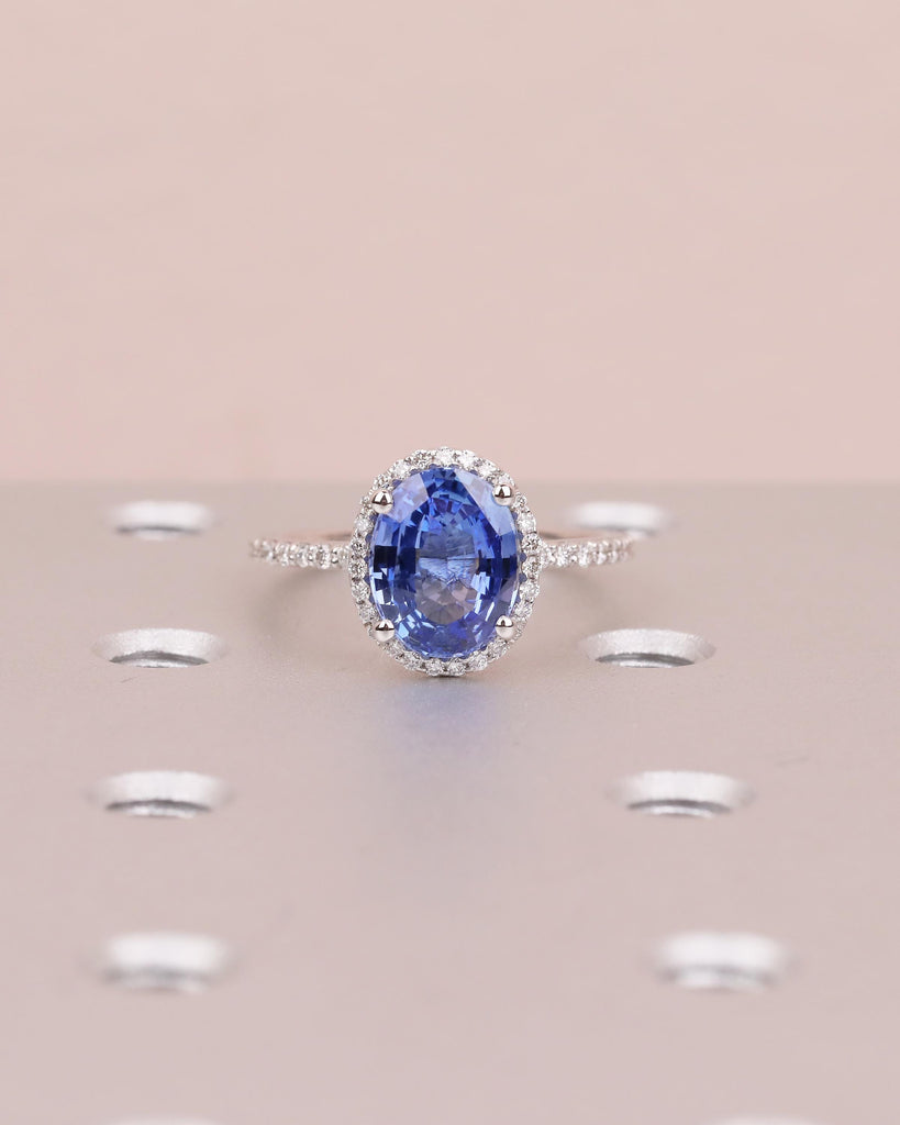 2.5ct Blue Sapphire Engagement Ring, 14k White Gold Diamond Halo Ring, Eternity Ring, Oval Gemstone Rings for Women, September Birthstone image #1