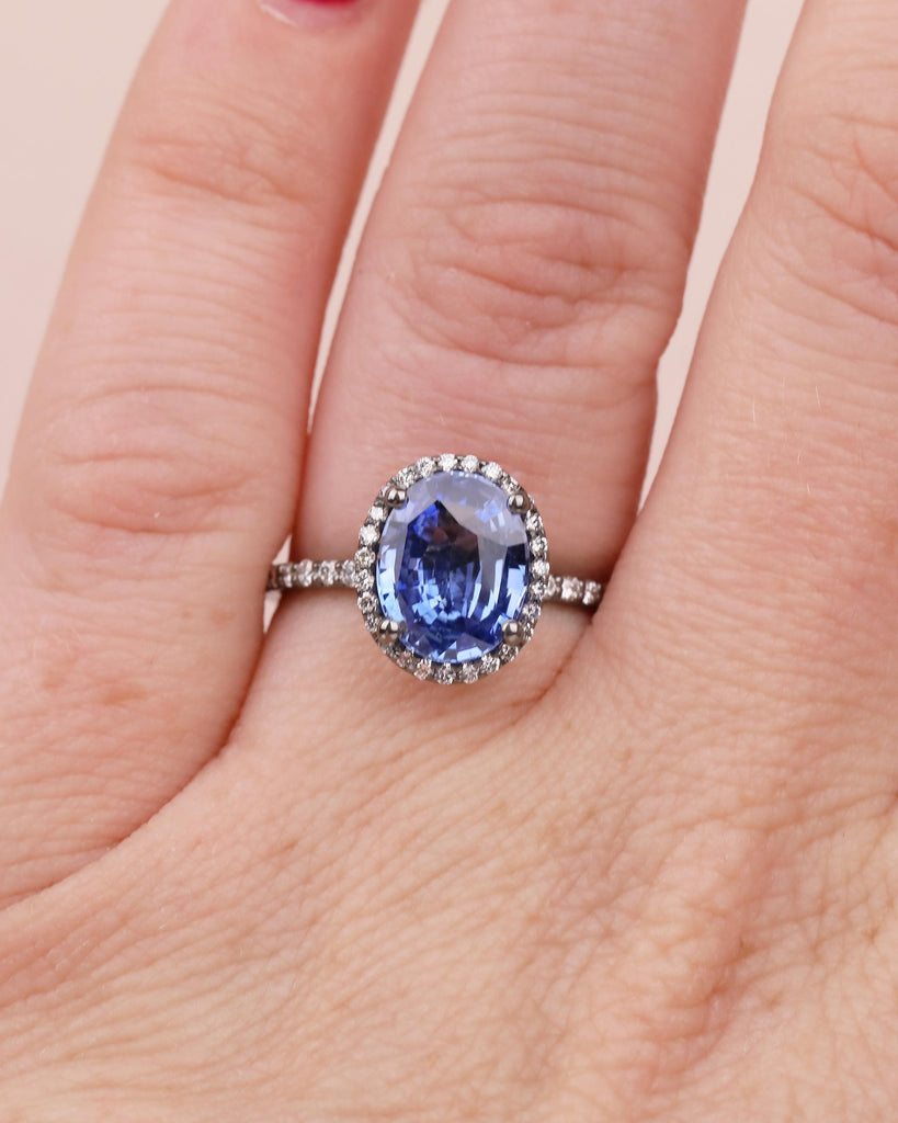 Diamond Halo Blue Sapphire Ring, Oval Engagement Ring, Vintage 14k Black Gold Promise Ring for Her, Dainty Eternity Band, Gemstone Jewelry image #10