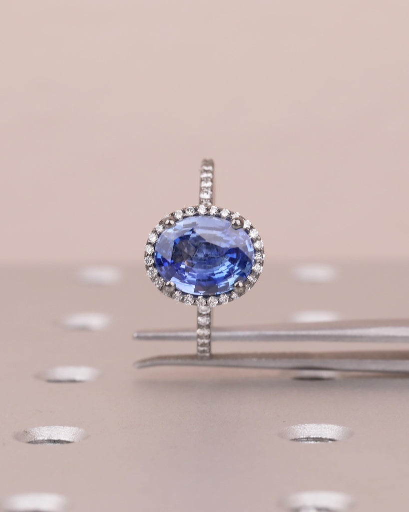 Diamond Halo Blue Sapphire Ring, Oval Engagement Ring, Vintage 14k Black Gold Promise Ring for Her, Dainty Eternity Band, Gemstone Jewelry image #11