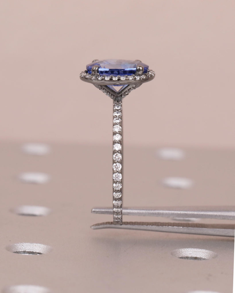 Diamond Halo Blue Sapphire Ring, Oval Engagement Ring, Vintage 14k Black Gold Promise Ring for Her, Dainty Eternity Band, Gemstone Jewelry image #6