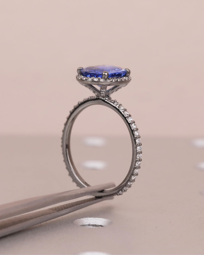 Diamond Halo Blue Sapphire Ring, Oval Engagement Ring, Vintage 14k Black Gold Promise Ring for Her, Dainty Eternity Band, Gemstone Jewelry image #4