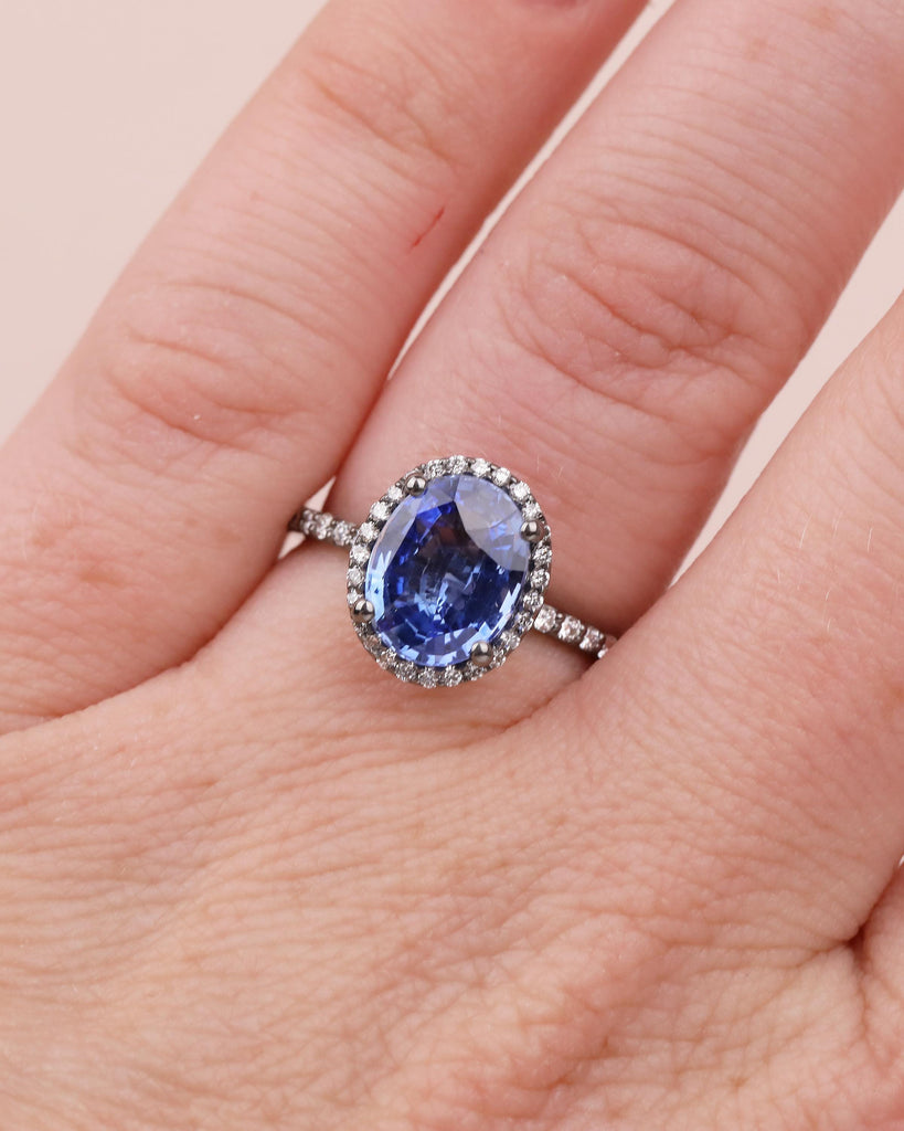 Diamond Halo Blue Sapphire Ring, Oval Engagement Ring, Vintage 14k Black Gold Promise Ring for Her, Dainty Eternity Band, Gemstone Jewelry image #2